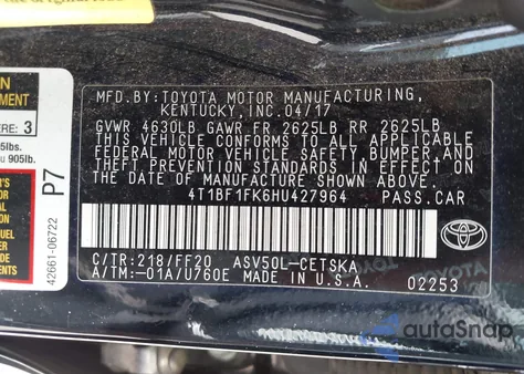 2017 Toyota Camry Se z USA, uszkodzony, nr VIN 4T1BF1FK6HU427964